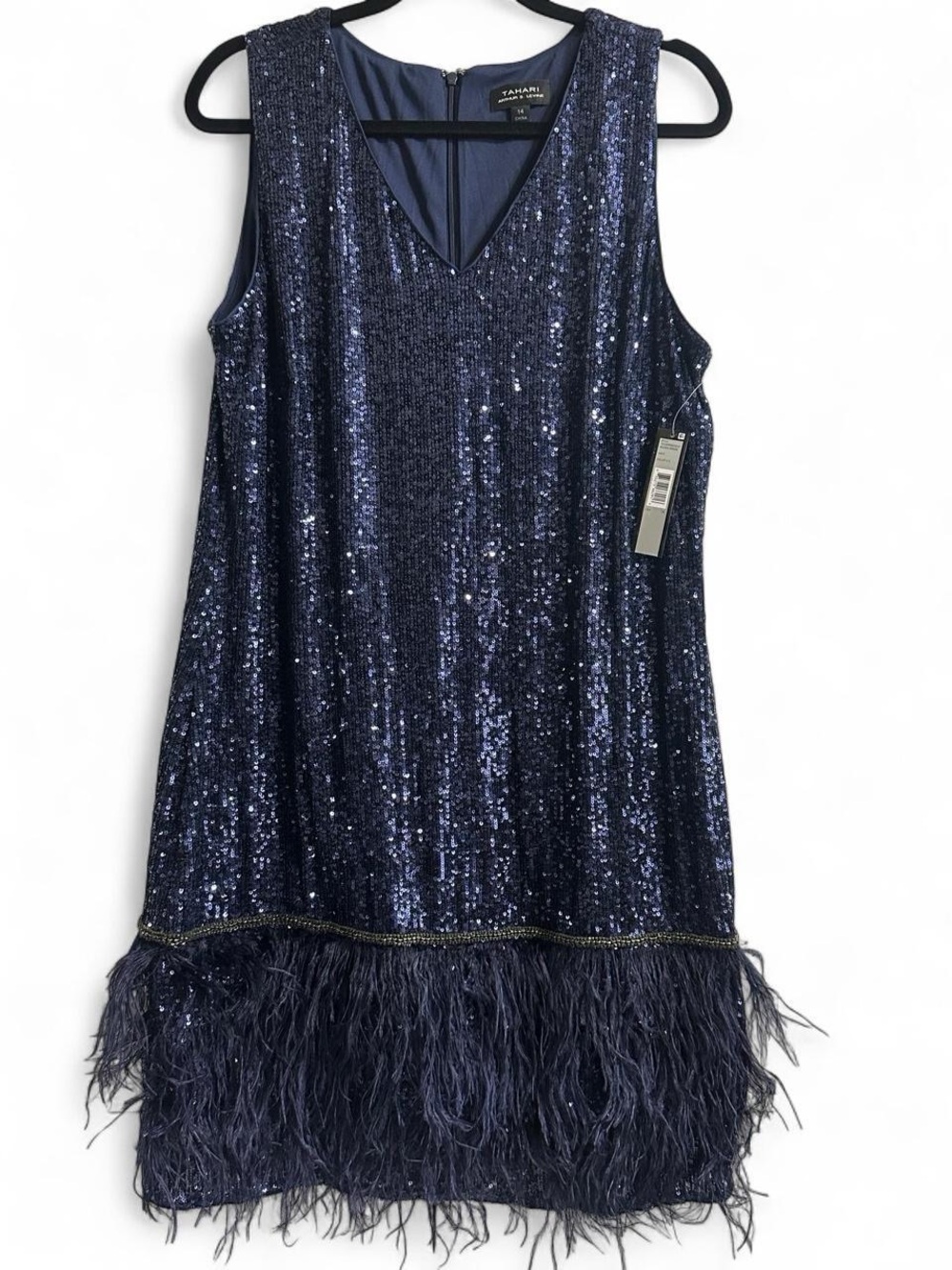 Tahari Navy Sequin Feather-Hem Midi Dress
